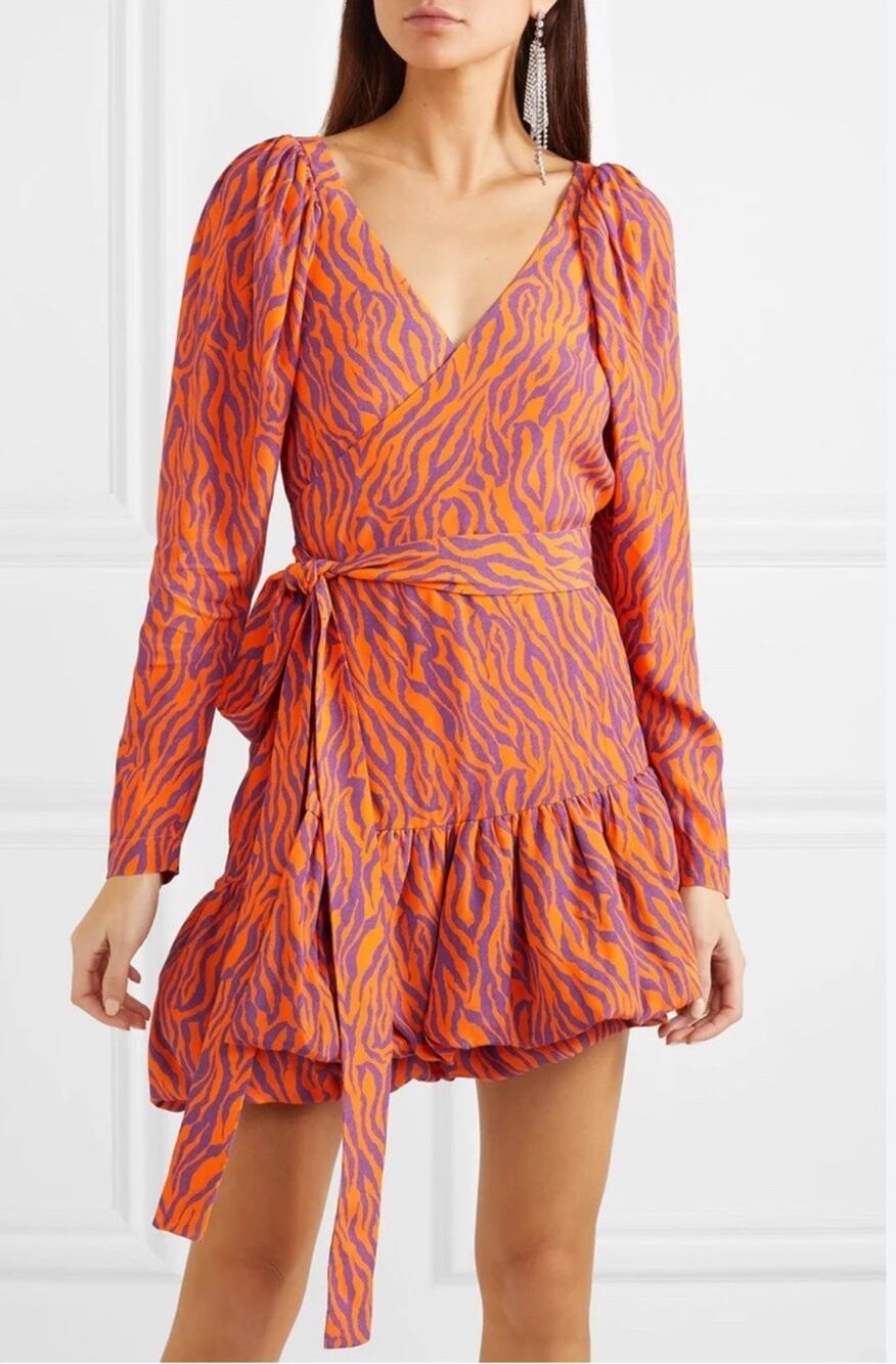 Rotate Birger Christensen Orange Tiger Mini Wrap Dress - EU 34 / US 2 Maximalist